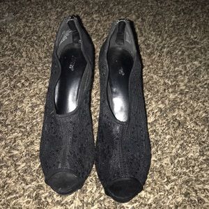 Black Lace and Sequence Peep Toe Heels